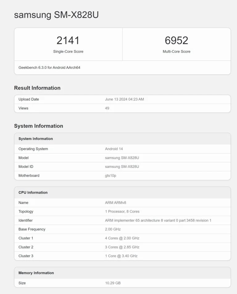 Galaxy Tab S10+ Geekbench