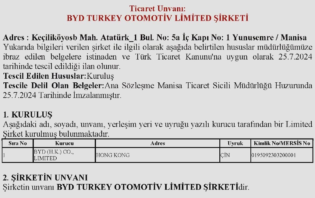 Çinli BYD Türkiye'de resmi olarak şirket kurdu