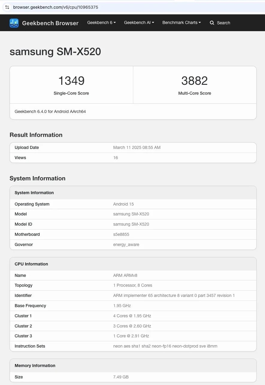 Samsung Galaxy Tab S10 FE'nin Geekbench skoru ortaya çıktı: